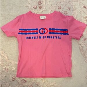 Gucci Pink Kids Tee with Blue and Red Stripe Graphic